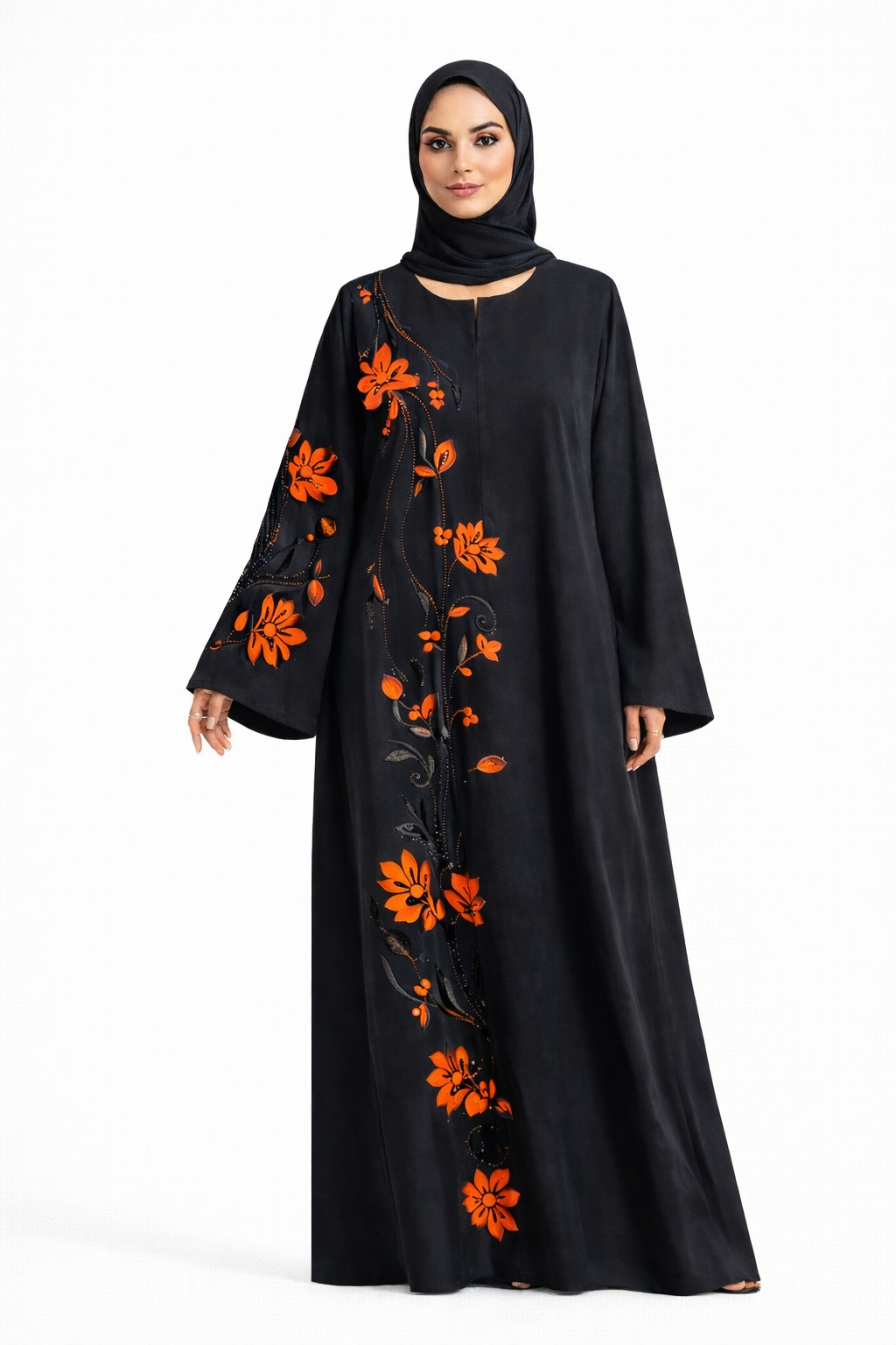 Black Abaya with Blue Floral Embroidery