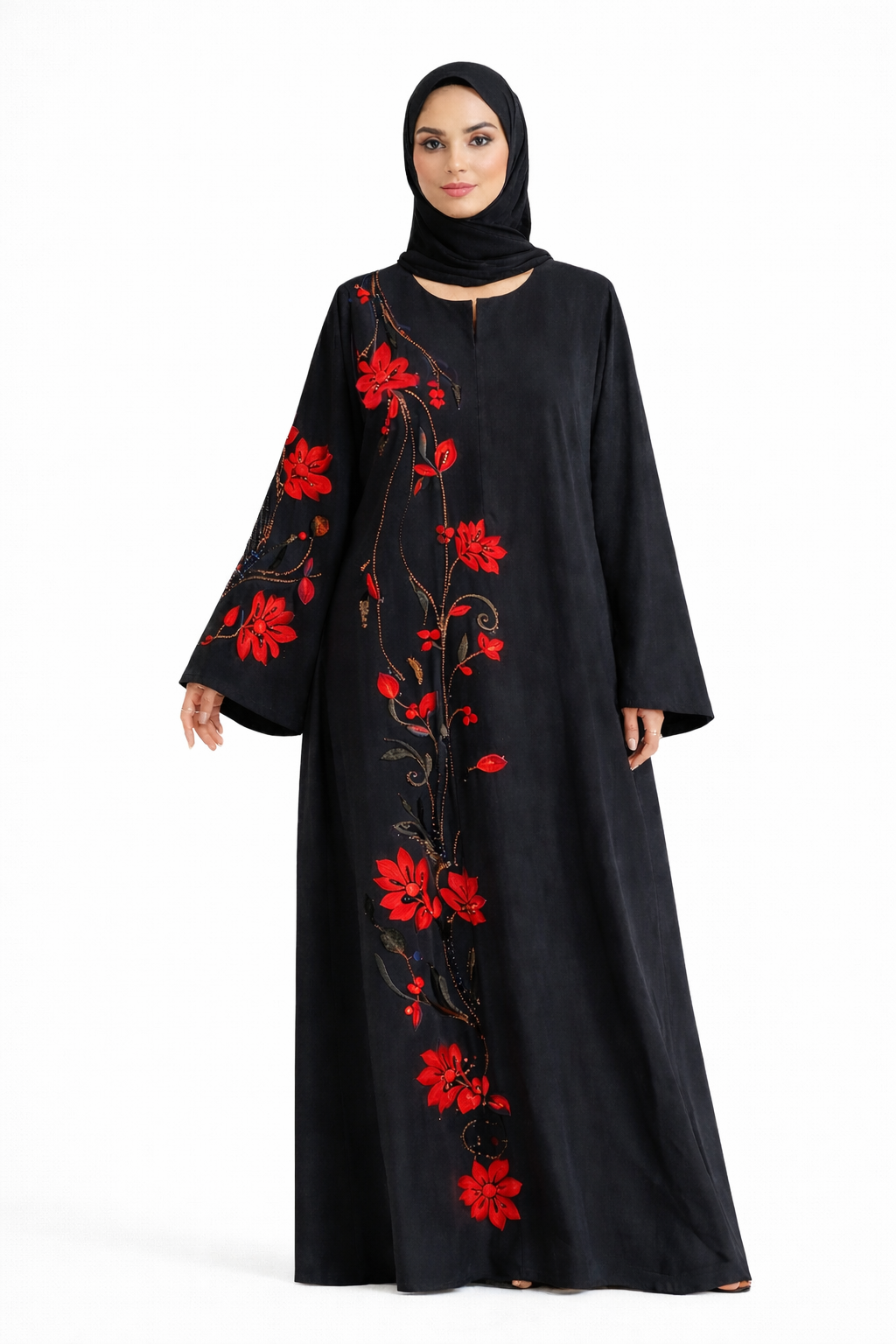 Black Abaya with Blue Floral Embroidery