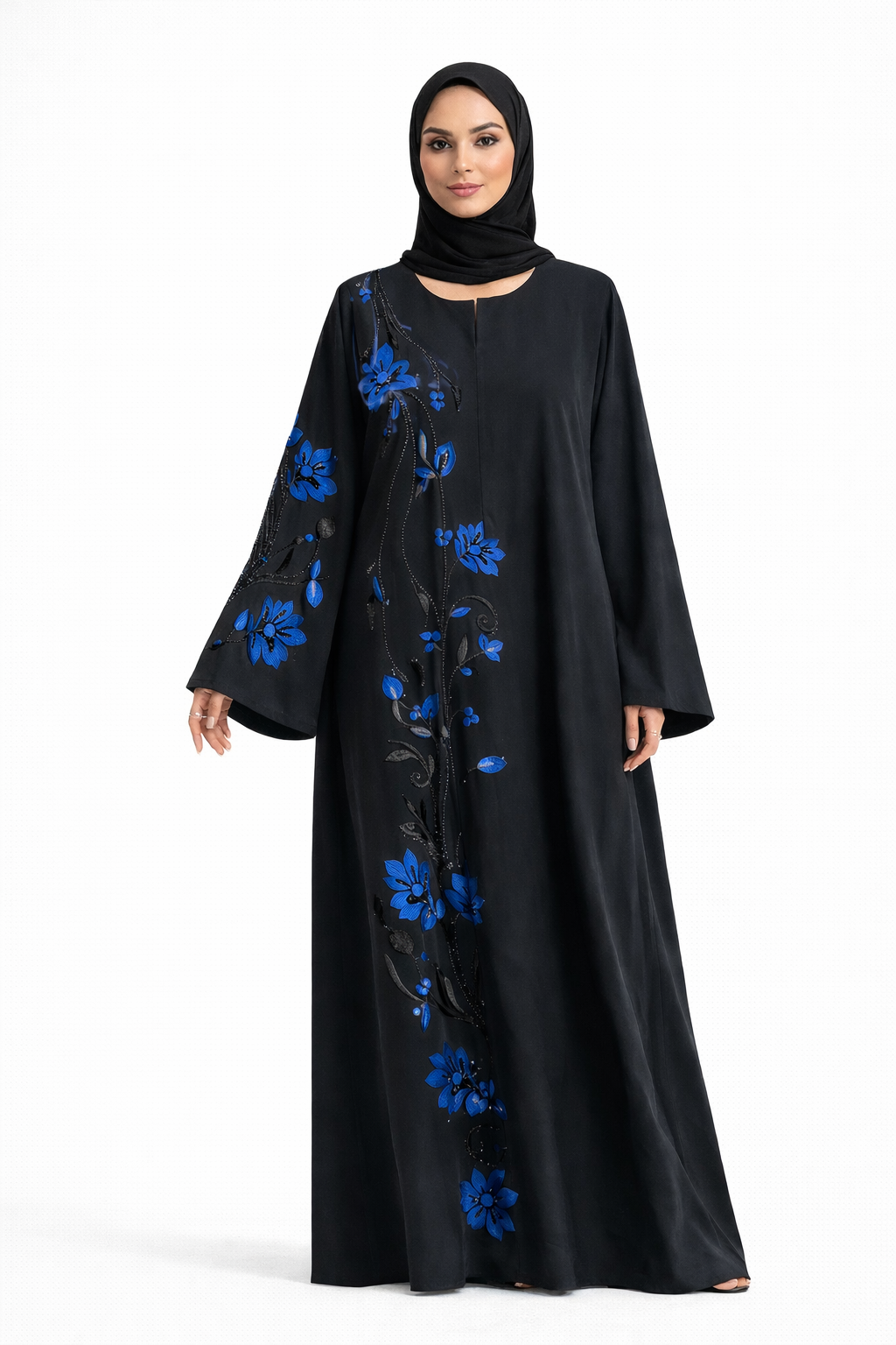 Black Abaya with Blue Floral Embroidery