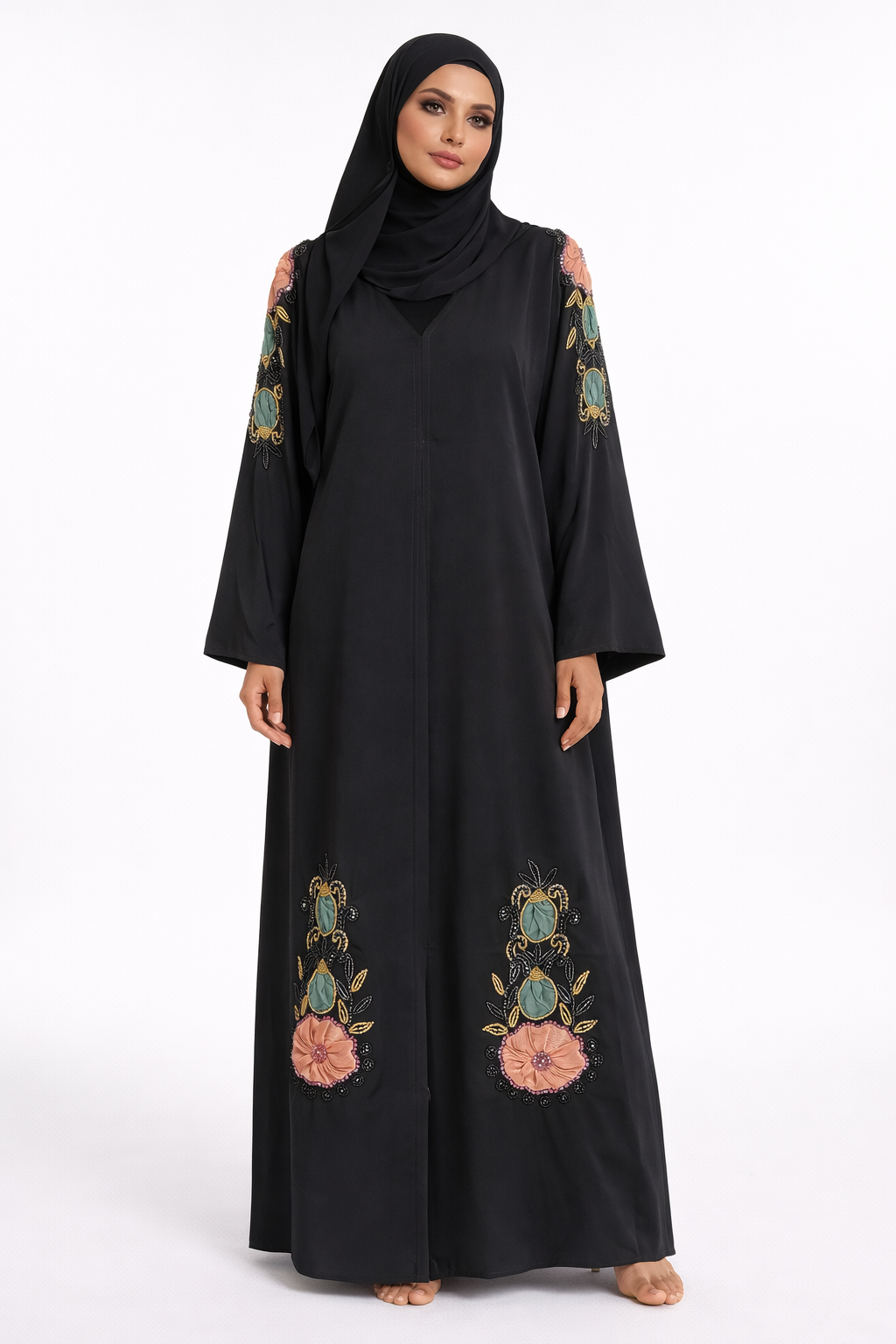 Abaya - Svart med färgglada blomapplikationer